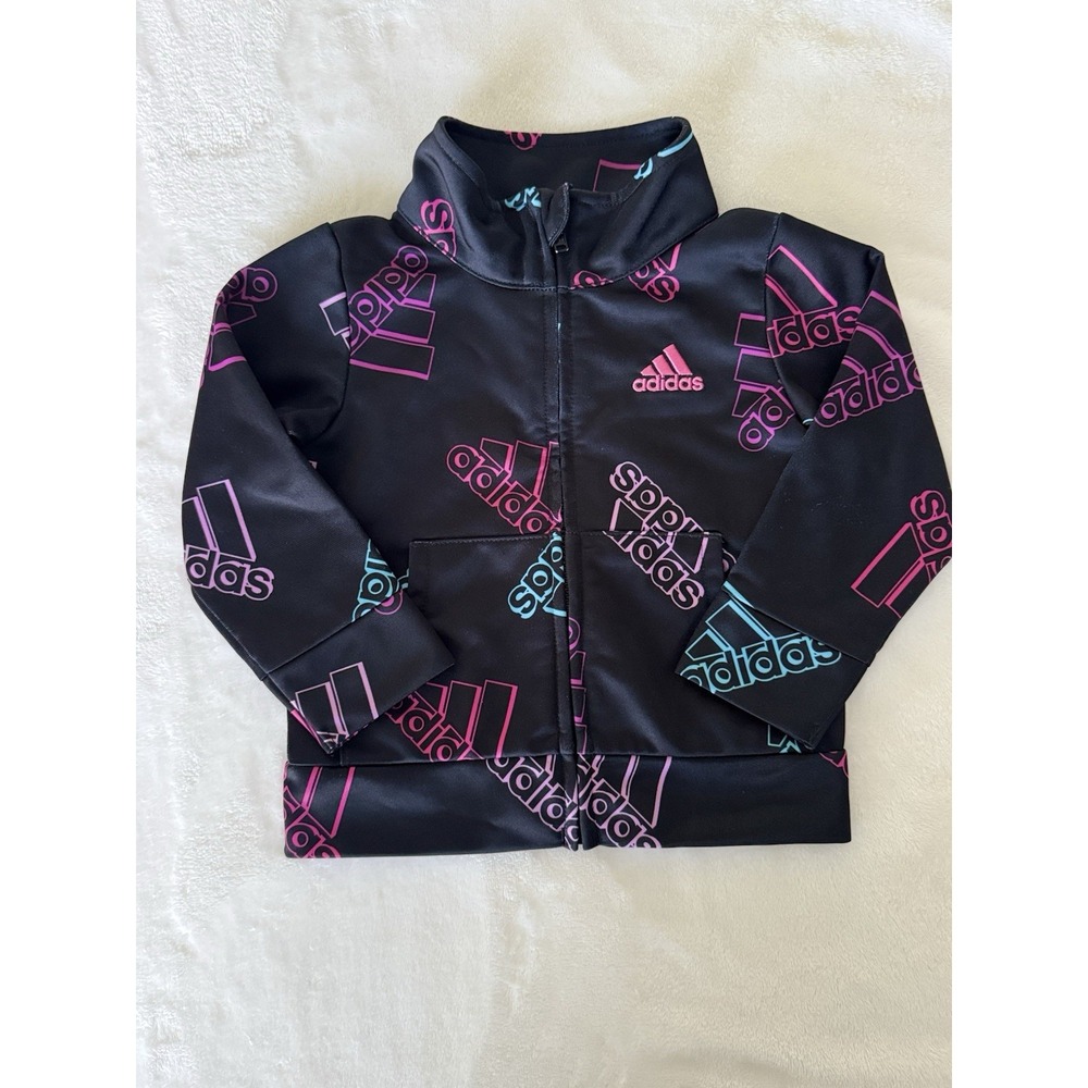 Adidas Baby Girls Jacket Sweater Top 12M Infant Zip Up Black pink blue (B4)